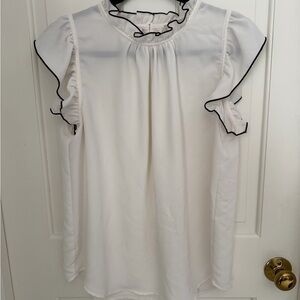 LOFT White Blouse with Black Trim Ruffle Sleeves